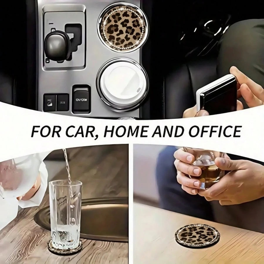 2pcs Leopard Print Rhinestone Fashion Car Cup Holder Coasters, Car Interior Decor