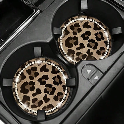 2pcs Leopard Print Rhinestone Fashion Car Cup Holder Coasters, Car Interior Decor