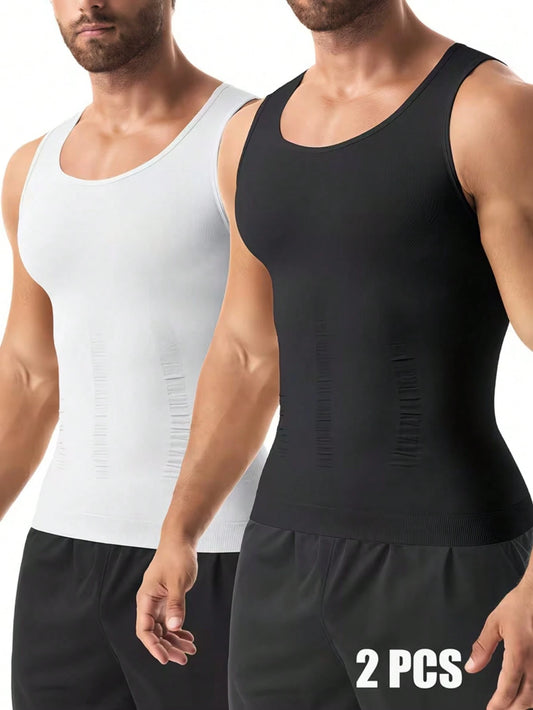 2pcs Men's Seamless Breathable Slimming Compression Undershirt Tank Top For Multiple Occasions
