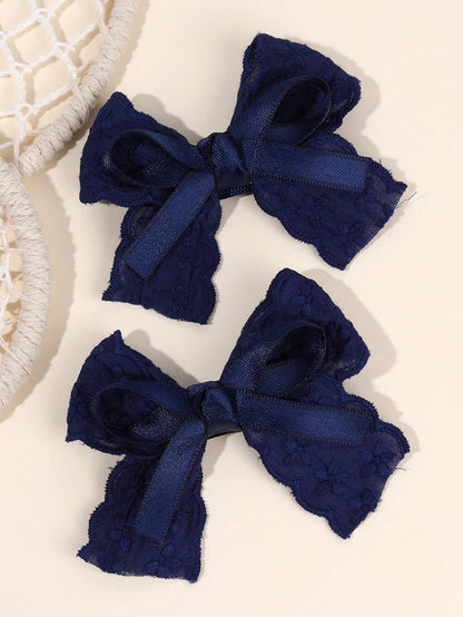 2pcs Navy Blue Girls Hair Clips, Navy Embroidered Flower Bow Hair Clips, Solid Color Satin Bow Alligator Clips, Girls Fabric Lace Bow Hair Barrettes, Wedding Party Hair Accessories, Baby Hair Decorati