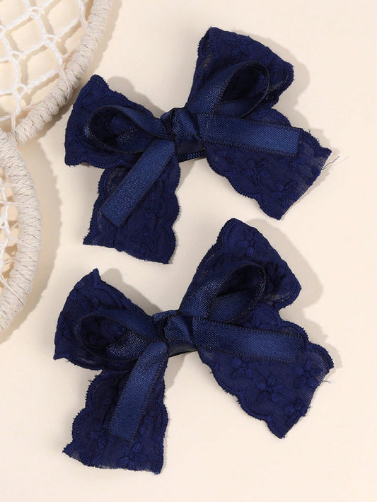 2pcs Navy Blue Girls Hair Clips, Navy Embroidered Flower Bow Hair Clips, Solid Color Satin Bow Alligator Clips, Girls Fabric Lace Bow Hair Barrettes, Wedding Party Hair Accessories, Baby Hair Decorati