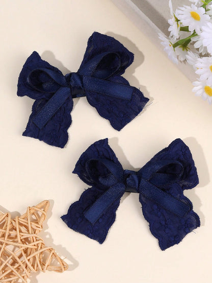 2pcs Navy Blue Girls Hair Clips, Navy Embroidered Flower Bow Hair Clips, Solid Color Satin Bow Alligator Clips, Girls Fabric Lace Bow Hair Barrettes, Wedding Party Hair Accessories, Baby Hair Decorati