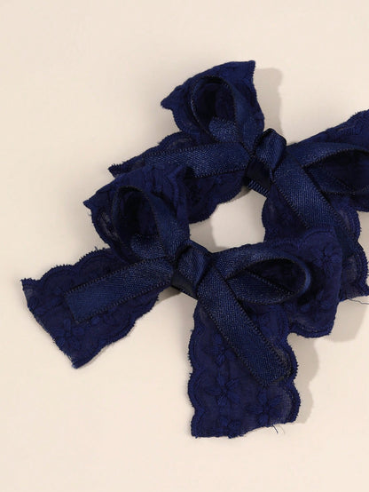 2pcs Navy Blue Girls Hair Clips, Navy Embroidered Flower Bow Hair Clips, Solid Color Satin Bow Alligator Clips, Girls Fabric Lace Bow Hair Barrettes, Wedding Party Hair Accessories, Baby Hair Decorati