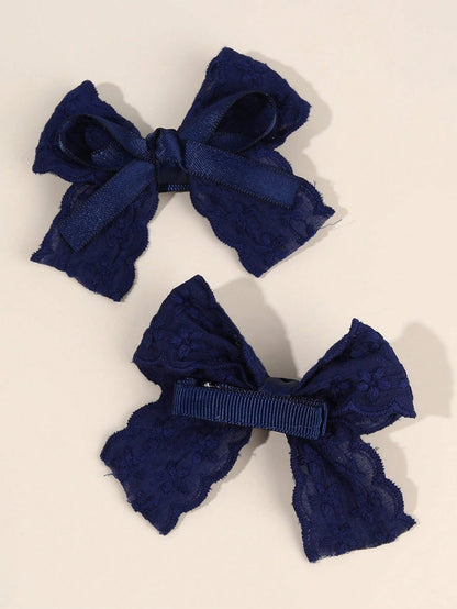 2pcs Navy Blue Girls Hair Clips, Navy Embroidered Flower Bow Hair Clips, Solid Color Satin Bow Alligator Clips, Girls Fabric Lace Bow Hair Barrettes, Wedding Party Hair Accessories, Baby Hair Decorati