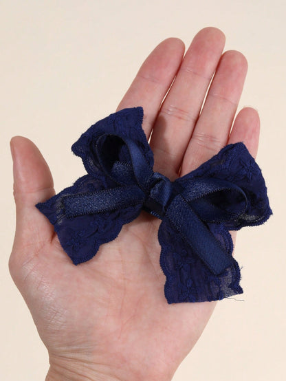2pcs Navy Blue Girls Hair Clips, Navy Embroidered Flower Bow Hair Clips, Solid Color Satin Bow Alligator Clips, Girls Fabric Lace Bow Hair Barrettes, Wedding Party Hair Accessories, Baby Hair Decorati
