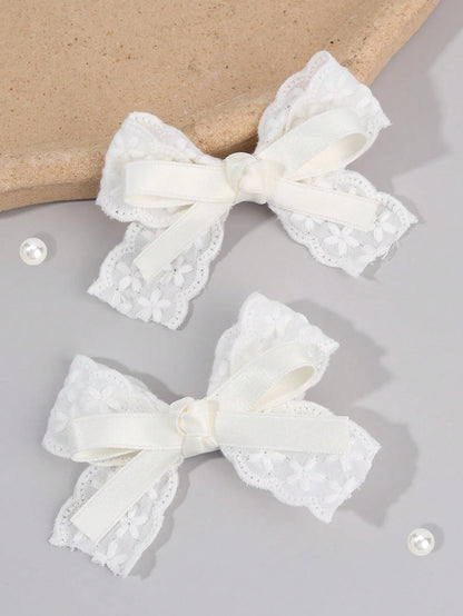 2pcs Navy Blue Girls Hair Clips, Navy Embroidered Flower Bow Hair Clips, Solid Color Satin Bow Alligator Clips, Girls Fabric Lace Bow Hair Barrettes, Wedding Party Hair Accessories, Baby Hair Decorati
