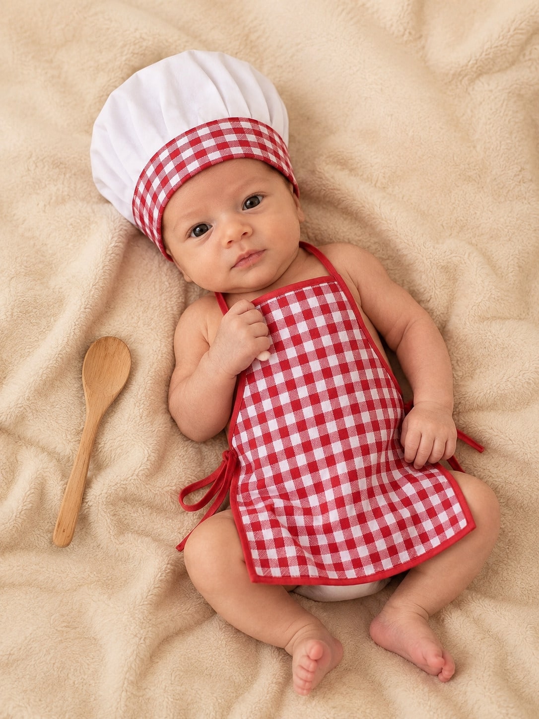 2pcs Newborn Photography Props, Includes Apron And Chef Hat, Kitchen Cooking Theme Photo Props For Baby Boys And Girls, Plaid Pattern Chef Outfit, Milestone Commemoration, Baby Party Gift