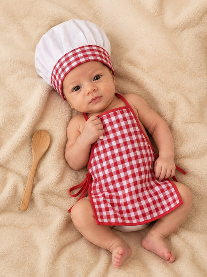 2pcs Newborn Photography Props, Includes Apron And Chef Hat, Kitchen Cooking Theme Photo Props For Baby Boys And Girls, Plaid Pattern Chef Outfit, Milestone Commemoration, Baby Party Gift