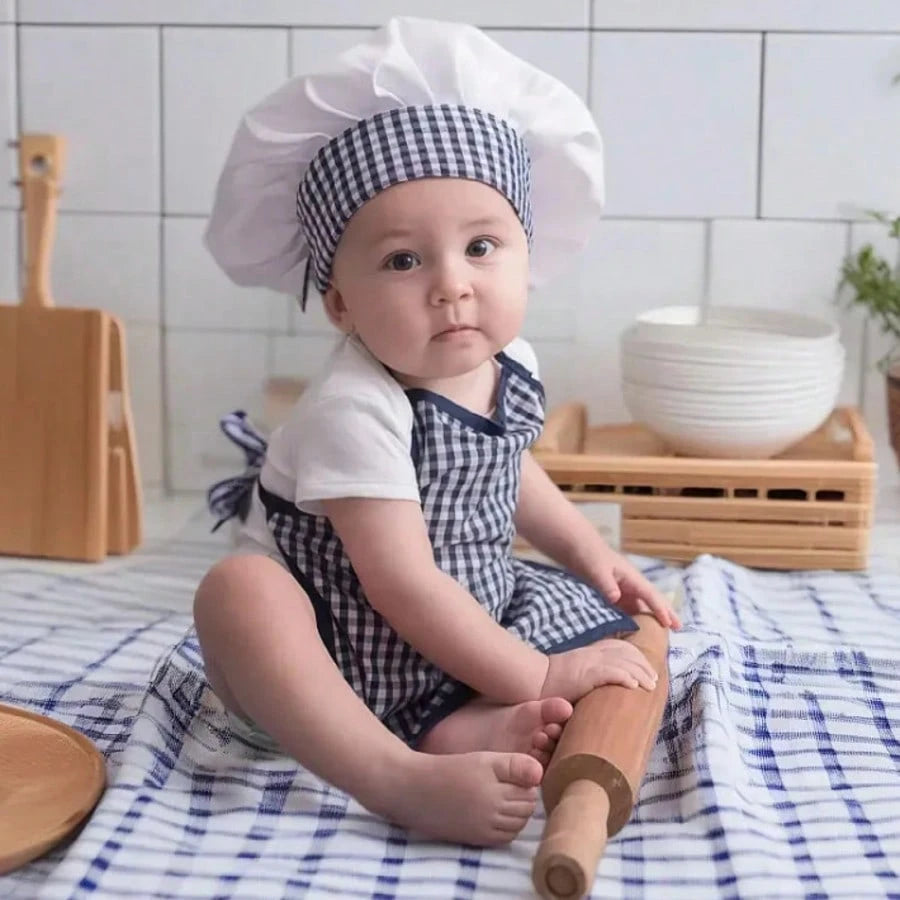 2pcs Newborn Photography Props, Includes Apron And Chef Hat, Kitchen Cooking Theme Photo Props For Baby Boys And Girls, Plaid Pattern Chef Outfit, Milestone Commemoration, Baby Party Gift