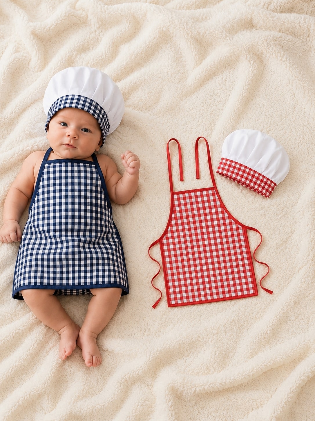 2pcs Newborn Photography Props, Includes Apron And Chef Hat, Kitchen Cooking Theme Photo Props For Baby Boys And Girls, Plaid Pattern Chef Outfit, Milestone Commemoration, Baby Party Gift