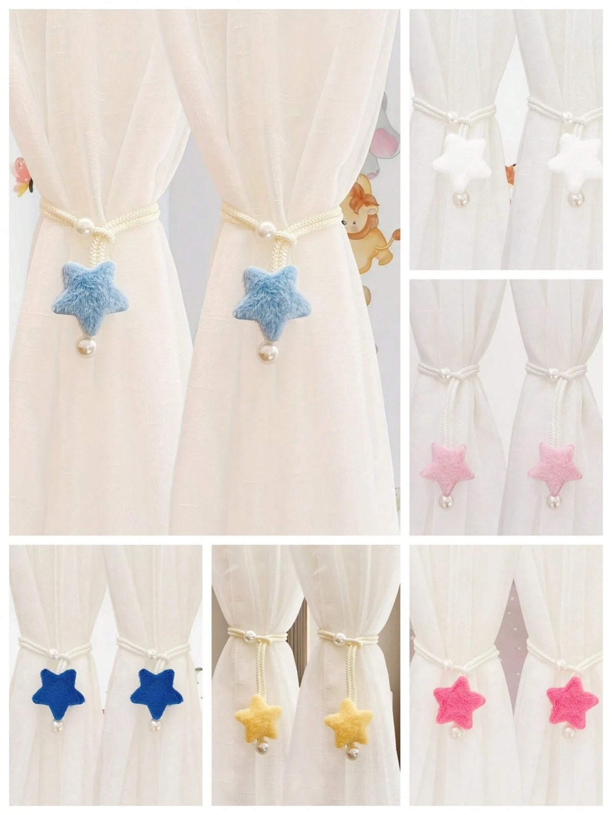2pcs Pearl Tone Plush 3D Star Curtain Tie Backs, Minimalist Faux Pearl Curtain Tiebacks, Sheer Curtain Rope