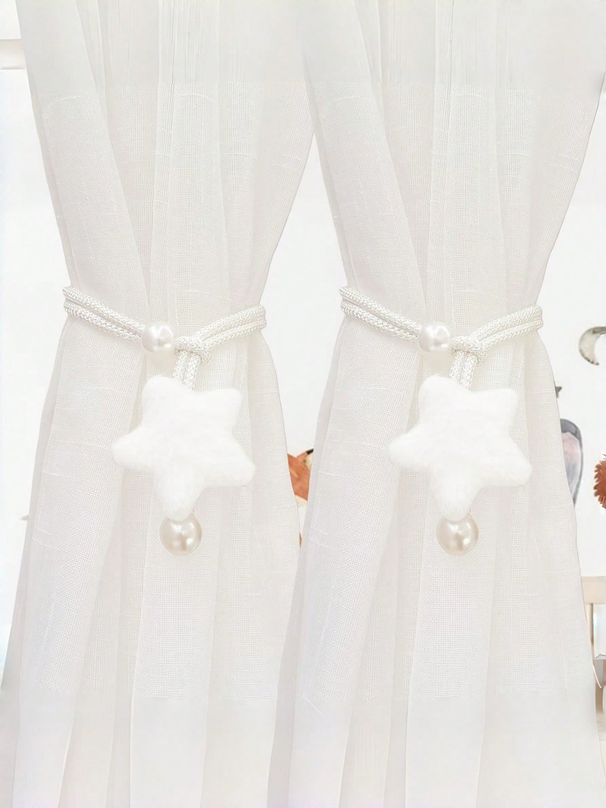 2pcs Pearl Tone Plush 3D Star Curtain Tie Backs, Minimalist Faux Pearl Curtain Tiebacks, Sheer Curtain Rope