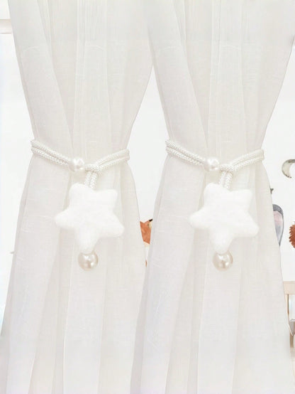 2pcs Pearl Tone Plush 3D Star Curtain Tie Backs, Minimalist Faux Pearl Curtain Tiebacks, Sheer Curtain Rope