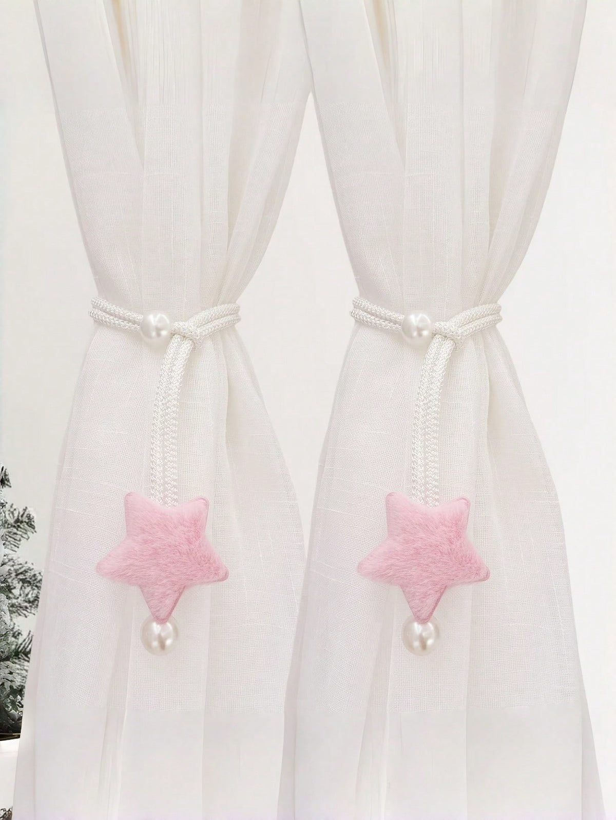 2pcs Pearl Tone Plush 3D Star Curtain Tie Backs, Minimalist Faux Pearl Curtain Tiebacks, Sheer Curtain Rope