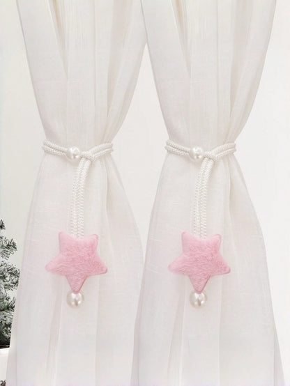 2pcs Pearl Tone Plush 3D Star Curtain Tie Backs, Minimalist Faux Pearl Curtain Tiebacks, Sheer Curtain Rope