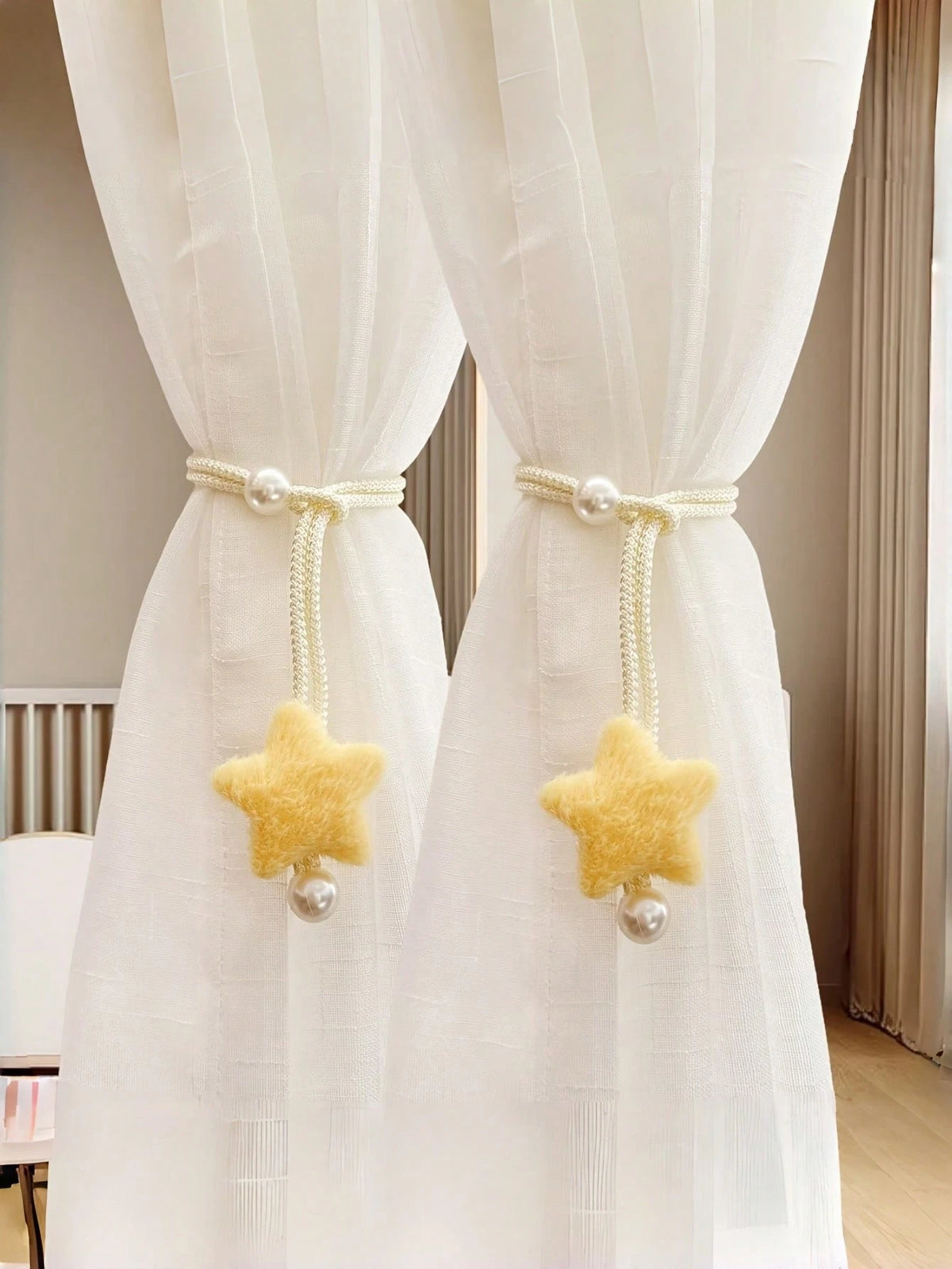 2pcs Pearl Tone Plush 3D Star Curtain Tie Backs, Minimalist Faux Pearl Curtain Tiebacks, Sheer Curtain Rope