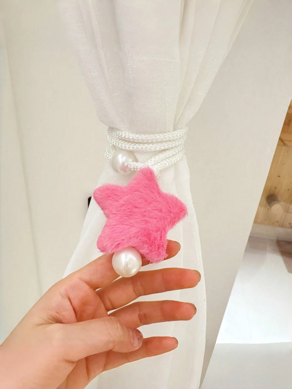 2pcs Pearl Tone Plush 3D Star Curtain Tie Backs, Minimalist Faux Pearl Curtain Tiebacks, Sheer Curtain Rope
