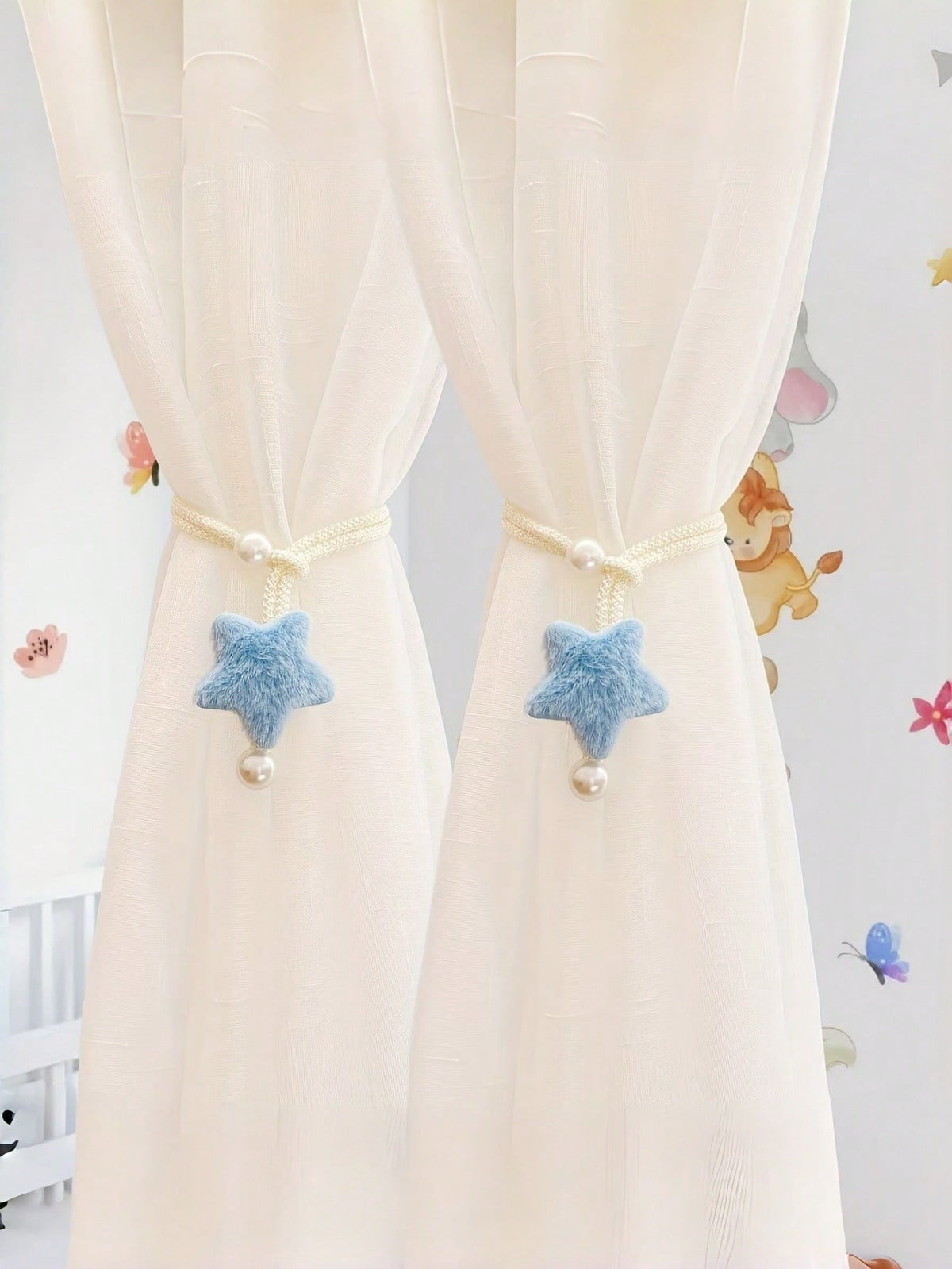 2pcs Pearl Tone Plush 3D Star Curtain Tie Backs, Minimalist Faux Pearl Curtain Tiebacks, Sheer Curtain Rope