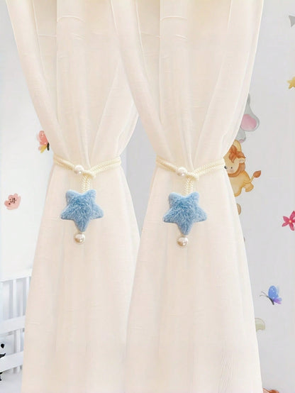 2pcs Pearl Tone Plush 3D Star Curtain Tie Backs, Minimalist Faux Pearl Curtain Tiebacks, Sheer Curtain Rope