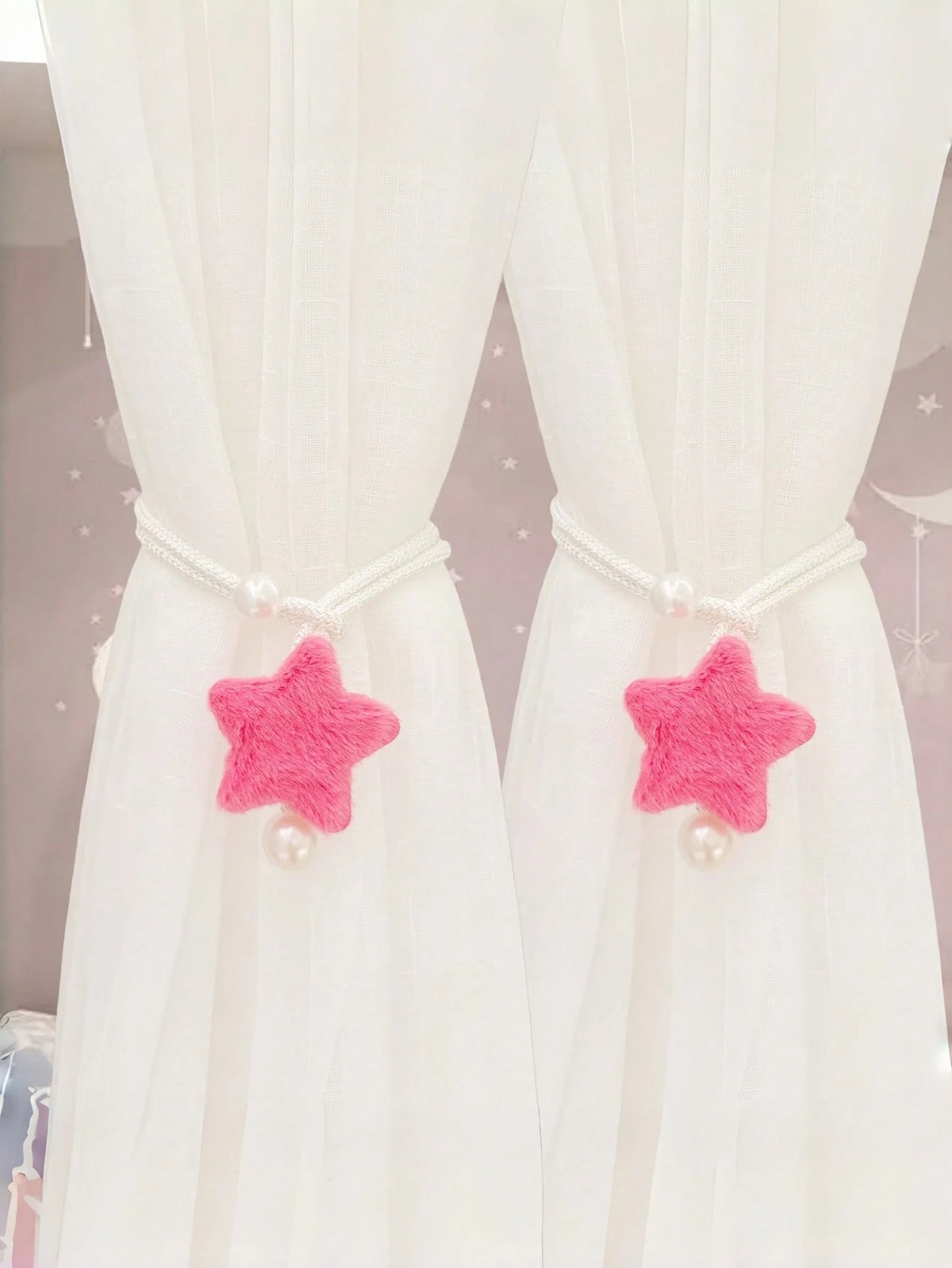 2pcs Pearl Tone Plush 3D Star Curtain Tie Backs, Minimalist Faux Pearl Curtain Tiebacks, Sheer Curtain Rope