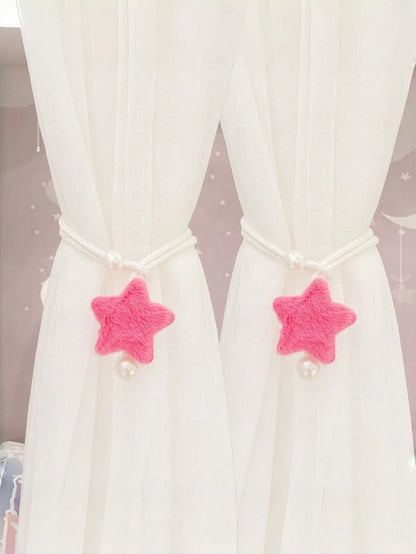 2pcs Pearl Tone Plush 3D Star Curtain Tie Backs, Minimalist Faux Pearl Curtain Tiebacks, Sheer Curtain Rope