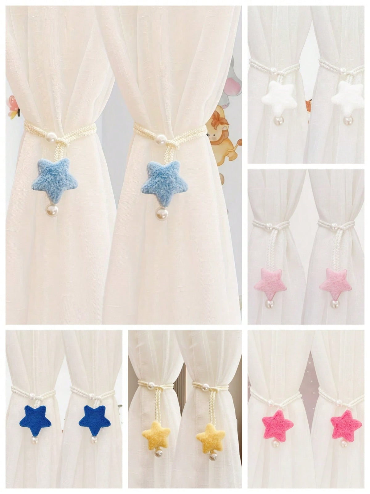 2pcs Pearl Tone Plush 3D Star Curtain Tie Backs, Minimalist Faux Pearl Curtain Tiebacks, Sheer Curtain Rope