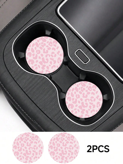 2pcs Pink & Blue Leopard Print Fashion Pattern Leather Car Cup Holder Mats, Non-Slip Round Cup Coaster Design, Universal Car Cup Holder Liners, Easy To Clean Universal Car Cup Holder Liners, Suitable