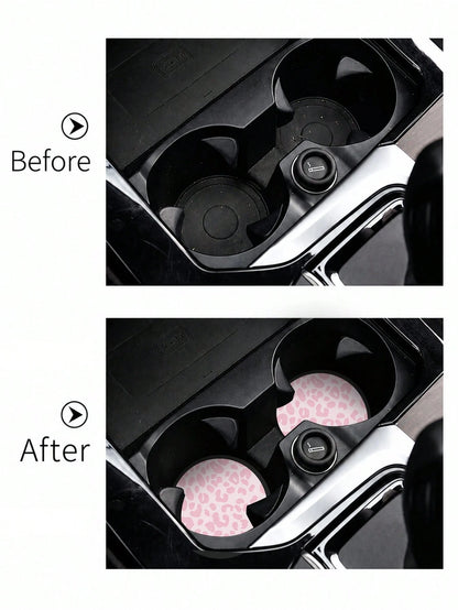 2pcs Pink & Blue Leopard Print Fashion Pattern Leather Car Cup Holder Mats, Non-Slip Round Cup Coaster Design, Universal Car Cup Holder Liners, Easy To Clean Universal Car Cup Holder Liners, Suitable