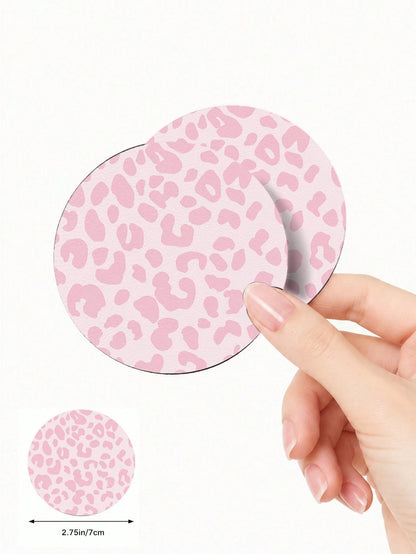 2pcs Pink & Blue Leopard Print Fashion Pattern Leather Car Cup Holder Mats, Non-Slip Round Cup Coaster Design, Universal Car Cup Holder Liners, Easy To Clean Universal Car Cup Holder Liners, Suitable