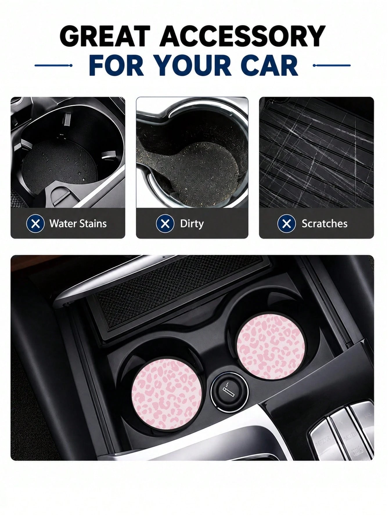 2pcs Pink & Blue Leopard Print Fashion Pattern Leather Car Cup Holder Mats, Non-Slip Round Cup Coaster Design, Universal Car Cup Holder Liners, Easy To Clean Universal Car Cup Holder Liners, Suitable