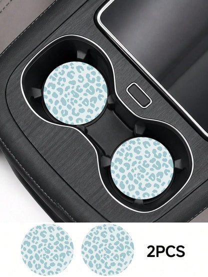 2pcs Pink & Blue Leopard Print Fashion Pattern Leather Car Cup Holder Mats, Non-Slip Round Cup Coaster Design, Universal Car Cup Holder Liners, Easy To Clean Universal Car Cup Holder Liners, Suitable