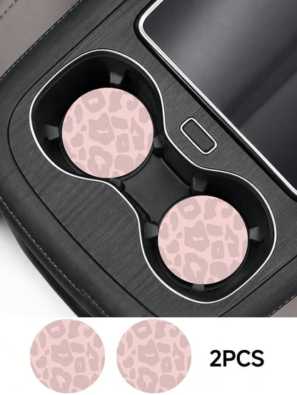 2pcs Pink & Blue Leopard Print Fashion Pattern Leather Car Cup Holder Mats, Non-Slip Round Cup Coaster Design, Universal Car Cup Holder Liners, Easy To Clean Universal Car Cup Holder Liners, Suitable
