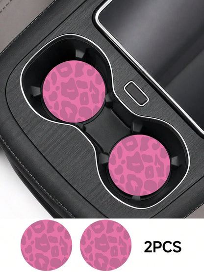 2pcs Pink & Blue Leopard Print Fashion Pattern Leather Car Cup Holder Mats, Non-Slip Round Cup Coaster Design, Universal Car Cup Holder Liners, Easy To Clean Universal Car Cup Holder Liners, Suitable
