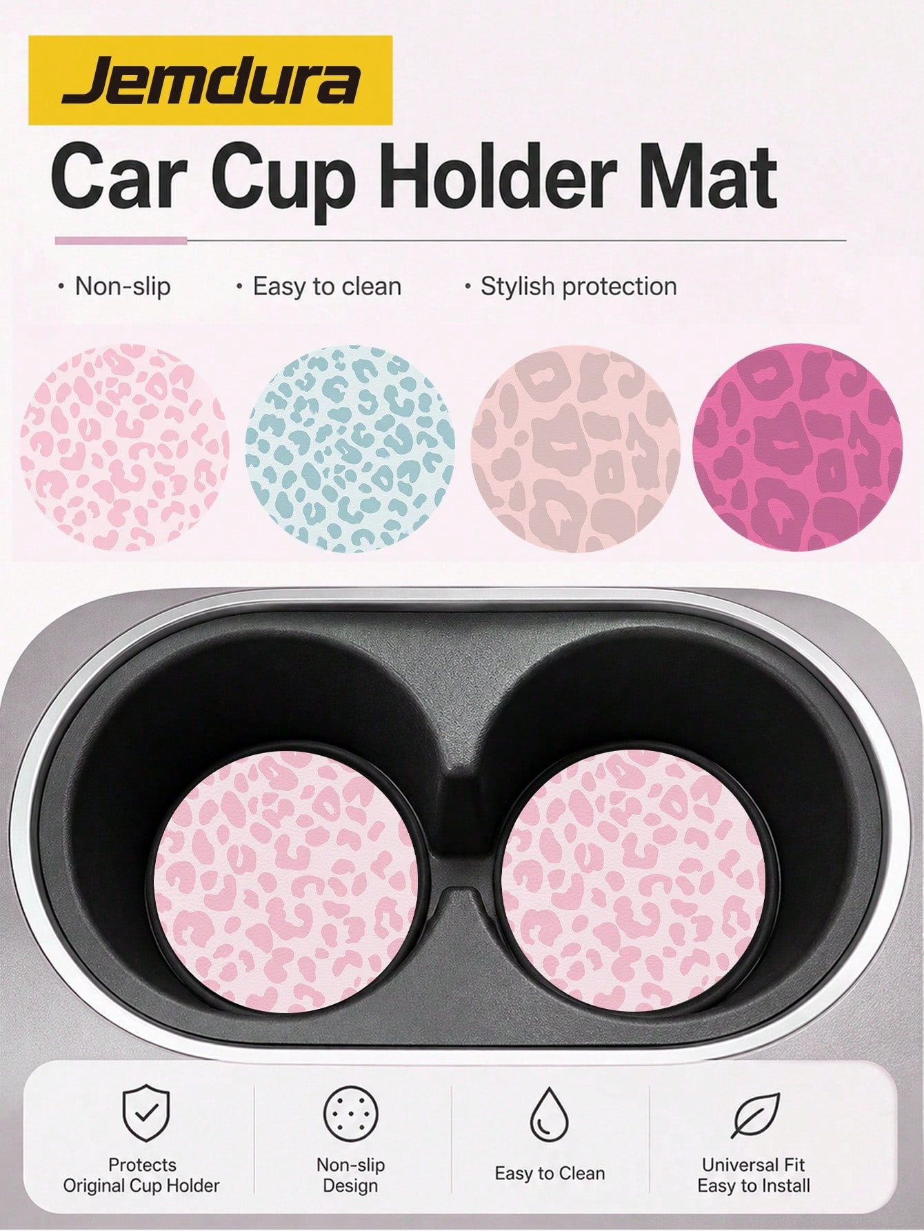 2pcs Pink & Blue Leopard Print Fashion Pattern Leather Car Cup Holder Mats, Non-Slip Round Cup Coaster Design, Universal Car Cup Holder Liners, Easy To Clean Universal Car Cup Holder Liners, Suitable