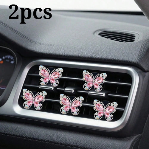 2pcs Rhinestone Butterfly Heart Car Air Vent Clip, Fashionable Cute Car Accessories, Unscented- For Decorative Use Only. Stylish Design| Lightweight, Colorful Car Decor