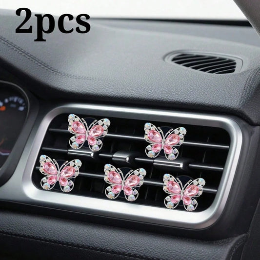 2pcs Rhinestone Butterfly Heart Car Air Vent Clip, Fashionable Cute Car Accessories, Unscented- For Decorative Use Only. Stylish Design| Lightweight, Colorful Car Decor