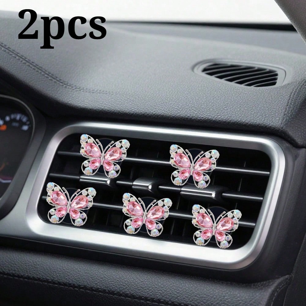2pcs Rhinestone Butterfly Heart Car Air Vent Clip, Fashionable Cute Car Accessories, Unscented- For Decorative Use Only. Stylish Design| Lightweight, Colorful Car Decor