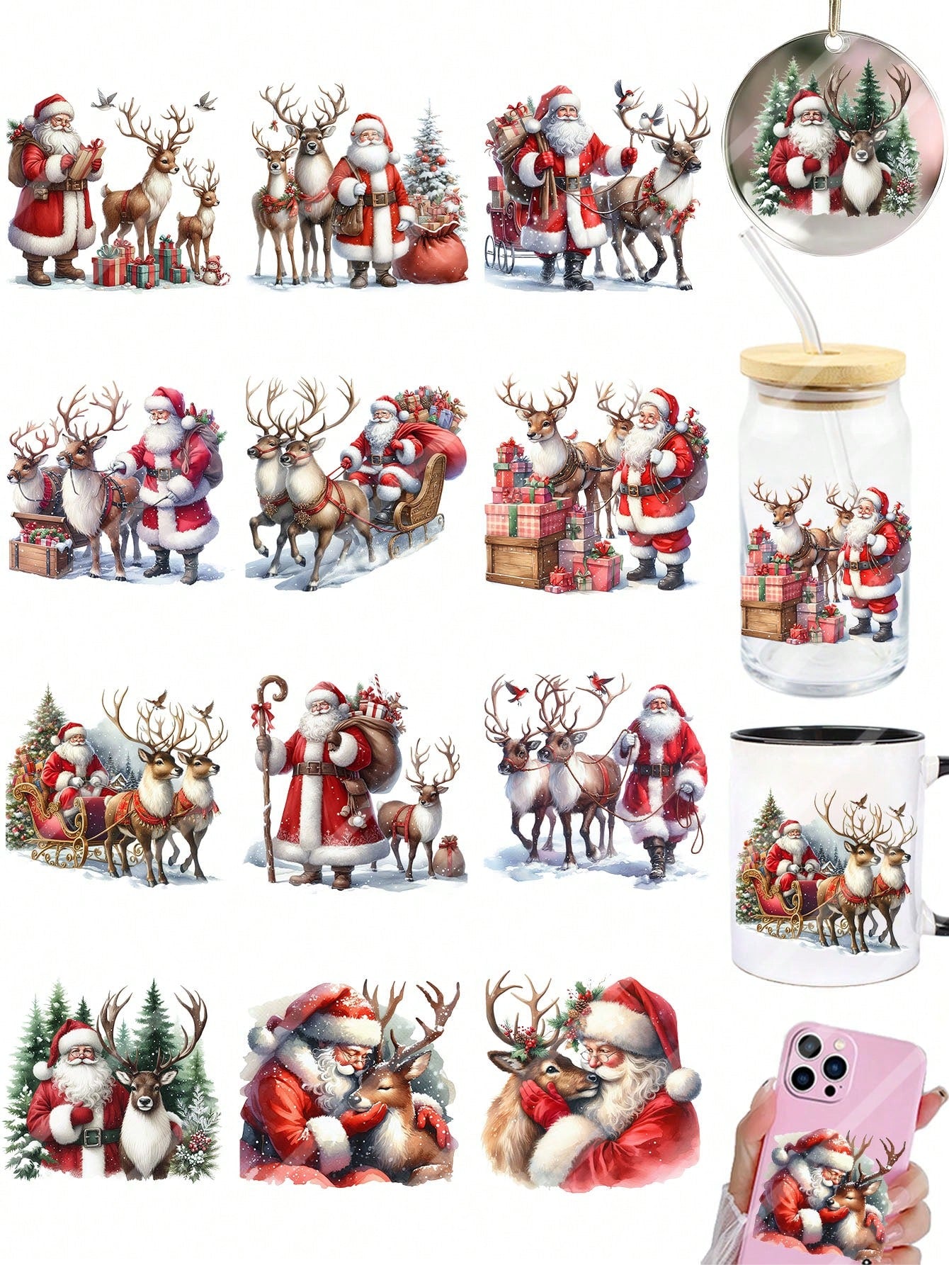 2pcs Santa Claus & Reindeer DIY UV DTF Transfer Stickers, Winter Merry Christmas Theme For Mugs, Coffee Cups, Tumblers, Laptops, Phone Cases, Greeting Cards, Illustrations, Junk Journals, Planners, Sc