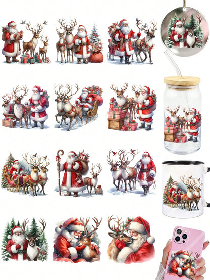 2pcs Santa Claus & Reindeer DIY UV DTF Transfer Stickers, Winter Merry Christmas Theme For Mugs, Coffee Cups, Tumblers, Laptops, Phone Cases, Greeting Cards, Illustrations, Junk Journals, Planners, Sc