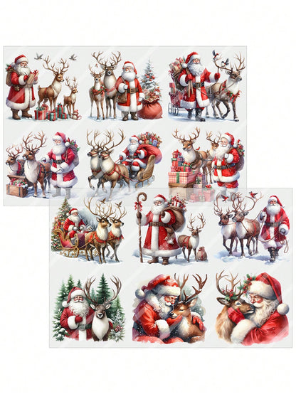 2pcs Santa Claus & Reindeer DIY UV DTF Transfer Stickers, Winter Merry Christmas Theme For Mugs, Coffee Cups, Tumblers, Laptops, Phone Cases, Greeting Cards, Illustrations, Junk Journals, Planners, Sc
