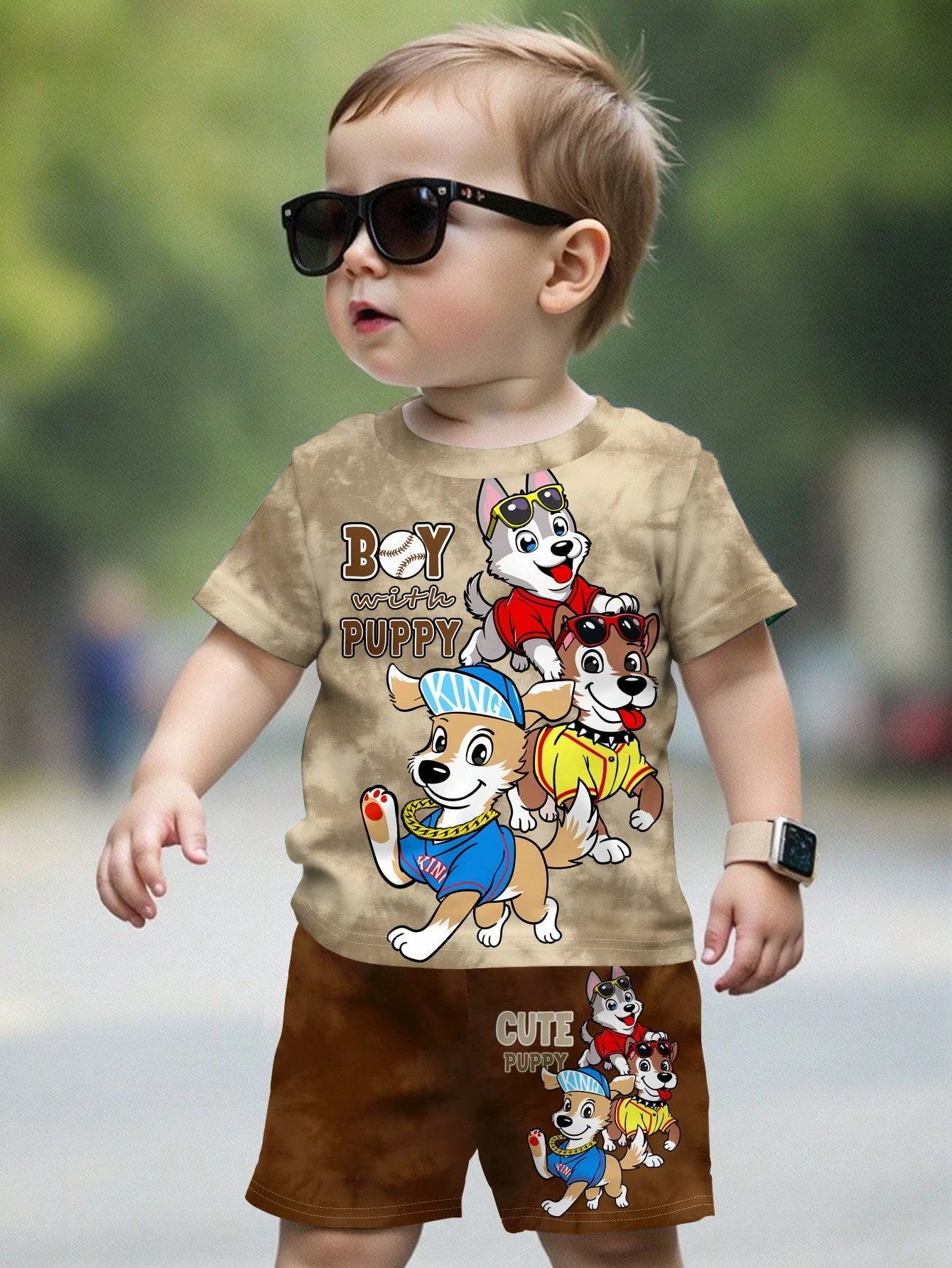 2pcs/Set Baby Boy Casual Cartoon Print Round Neck Short Sleeve T-Shirt And Shorts, Suitable For Summer