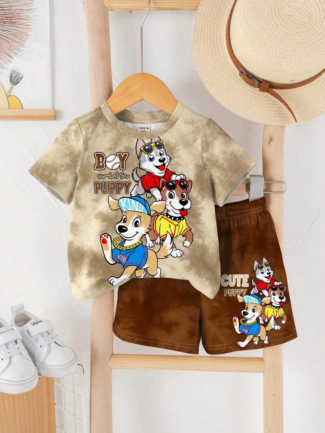 2pcs/Set Baby Boy Casual Cartoon Print Round Neck Short Sleeve T-Shirt And Shorts, Suitable For Summer