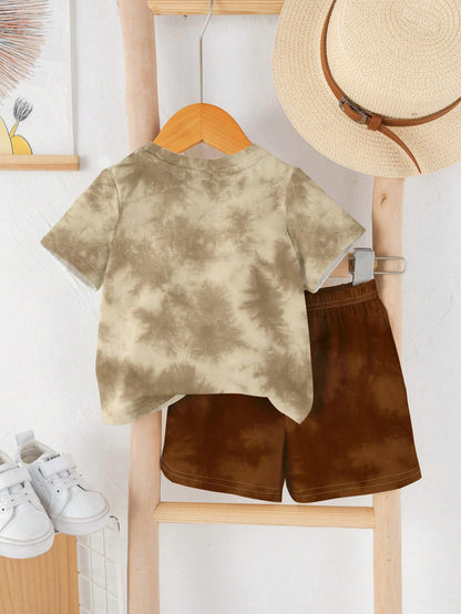 2pcs/Set Baby Boy Casual Cartoon Print Round Neck Short Sleeve T-Shirt And Shorts, Suitable For Summer