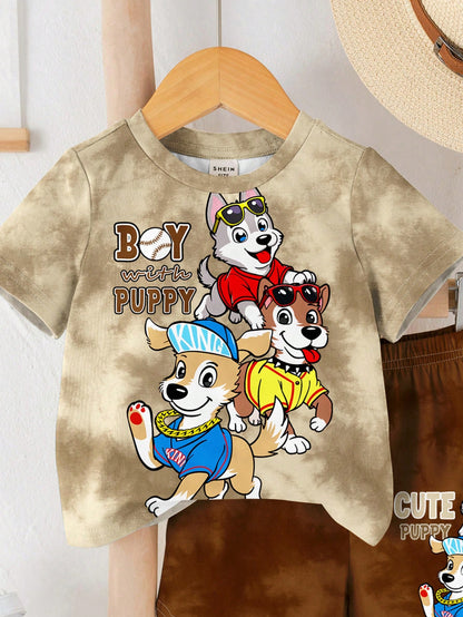 2pcs/Set Baby Boy Casual Cartoon Print Round Neck Short Sleeve T-Shirt And Shorts, Suitable For Summer