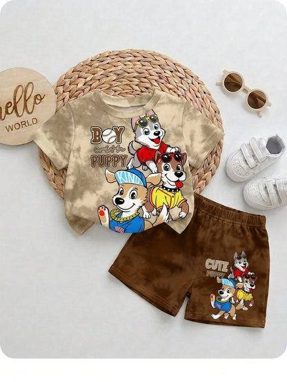 2pcs/Set Baby Boy Casual Cartoon Print Round Neck Short Sleeve T-Shirt And Shorts, Suitable For Summer