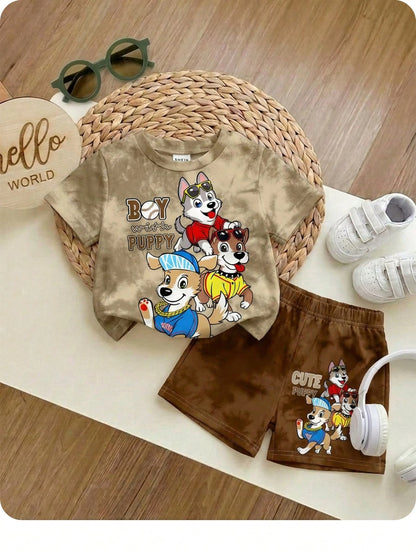 2pcs/Set Baby Boy Casual Cartoon Print Round Neck Short Sleeve T-Shirt And Shorts, Suitable For Summer