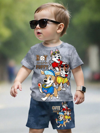 2pcs/Set Baby Boy Casual Cartoon Print Round Neck Short Sleeve T-Shirt And Shorts, Suitable For Summer