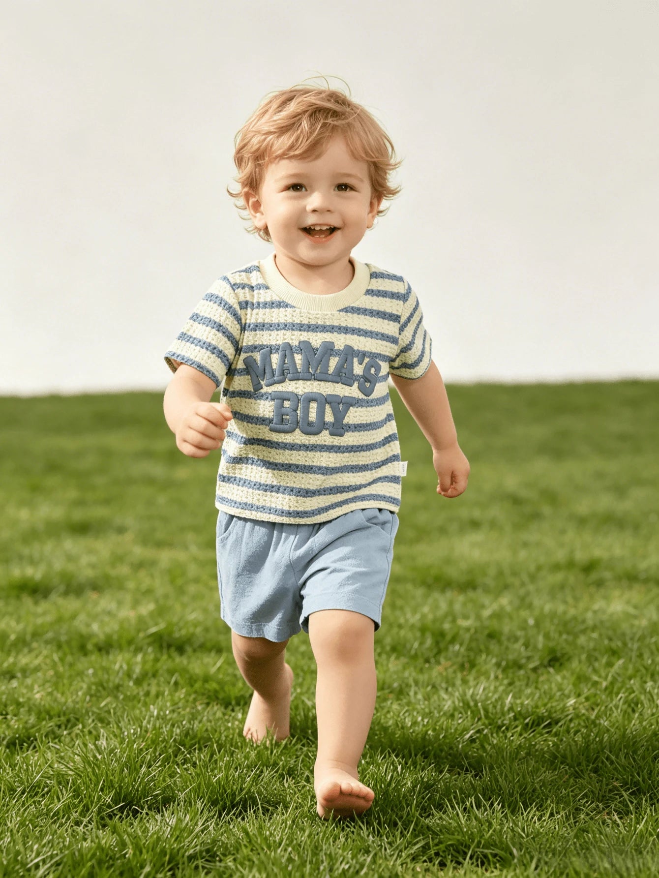 2pcs Set, Baby Boy, Casual Fashion Cute, Soft And Comfortable, "Mom's Boy" Letter Embroidered Knit Textured Striped T-Shirt And Solid Color Sports Shorts Outfit, Baby Boy Clothing, Toddler Boy Clothin