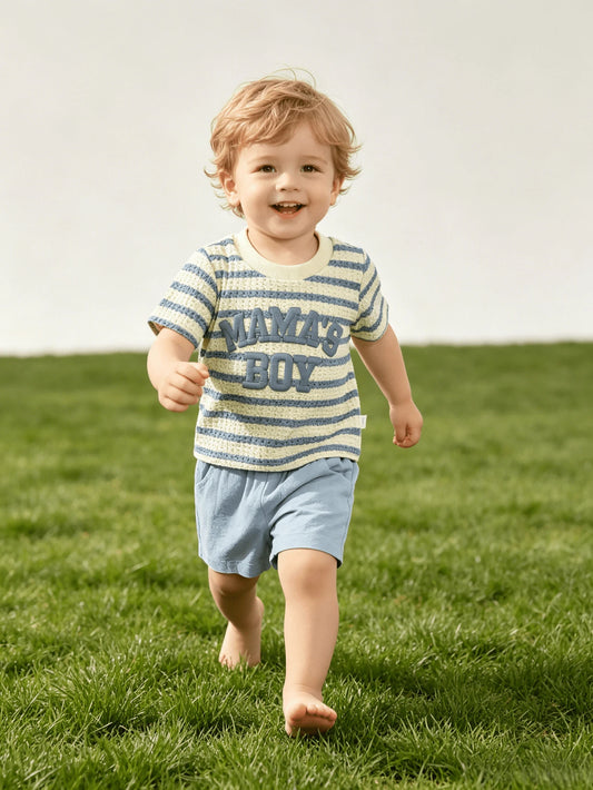2pcs Set, Baby Boy, Casual Fashion Cute, Soft And Comfortable, "Mom's Boy" Letter Embroidered Knit Textured Striped T-Shirt And Solid Color Sports Shorts Outfit, Baby Boy Clothing, Toddler Boy Clothin