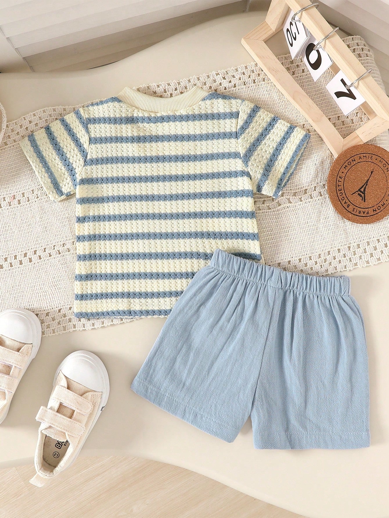 2pcs Set, Baby Boy, Casual Fashion Cute, Soft And Comfortable, "Mom's Boy" Letter Embroidered Knit Textured Striped T-Shirt And Solid Color Sports Shorts Outfit, Baby Boy Clothing, Toddler Boy Clothin